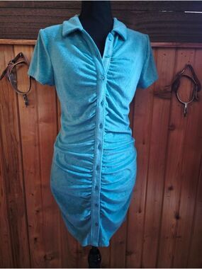 SO Teal Ruched Button-Front Polo Mini Dress